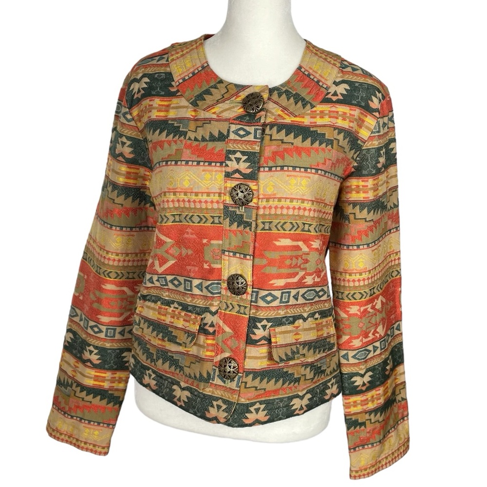 Chicos Aztec Blazer Jacket Cropped Size 0 Small Tapestry Orange Green Gold